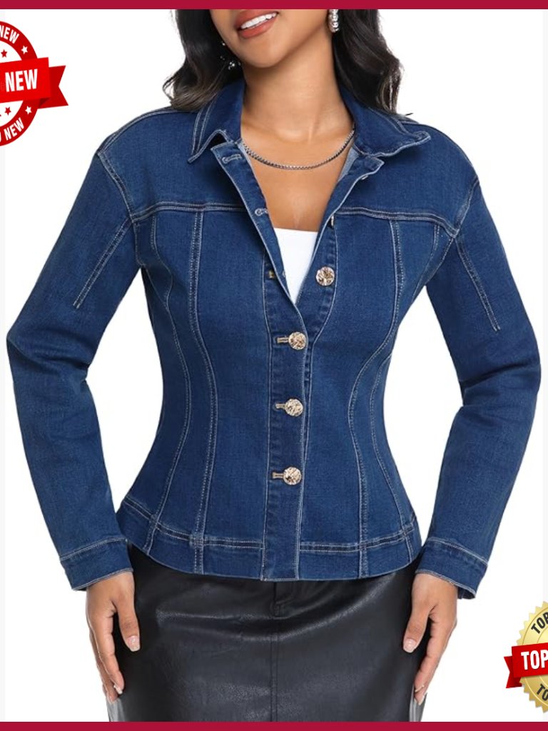 Stretch Denim Jacket Cinched Waist Button Front Long Sleeve Women's Coat